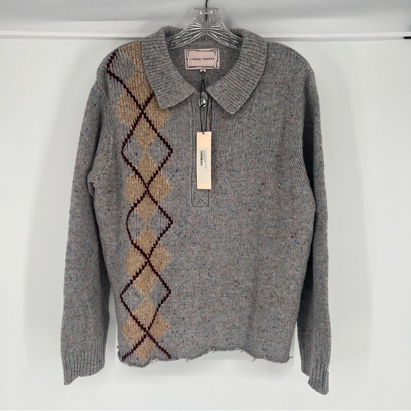 Lingua Franca Lee Tweed Argyle Button Down V Neck Wool Blend Polo Sweater XL NWT